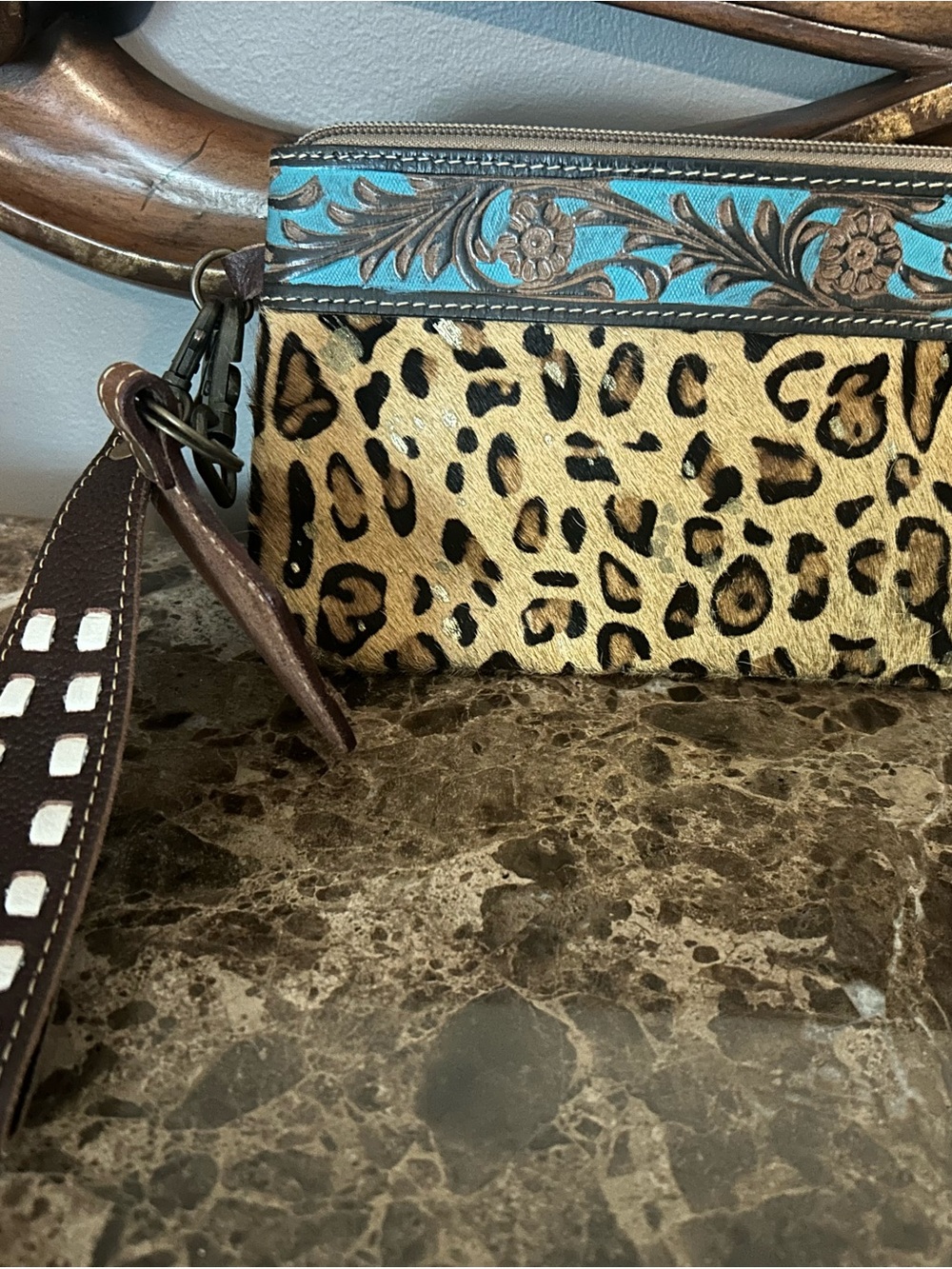 Leopard Print Wristlet with Turquoise Tooled Accent